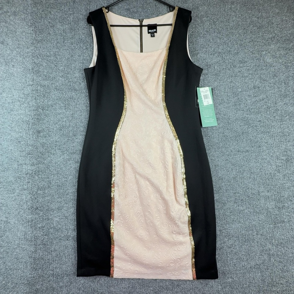 Melrose Social Dress Womens 14 Pale Blush Black Sequin Jacquard Sheath NWT